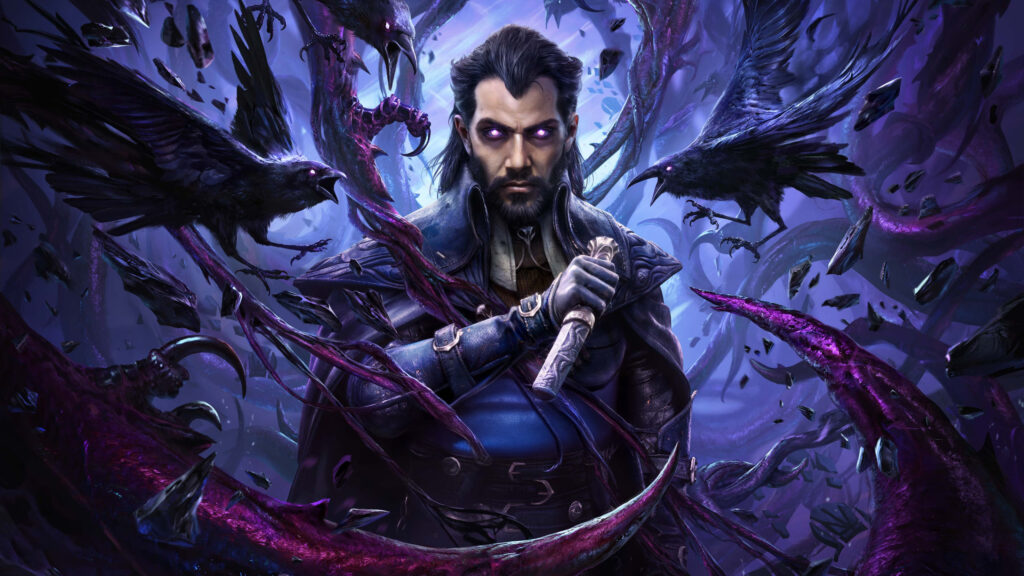 Magical Male Character with Purple Glowing Eyes Desktop Wallpaper
