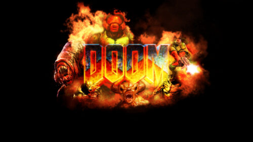 DOOM Iconic Flaming Logo and Monsters Desktop Wallpaper