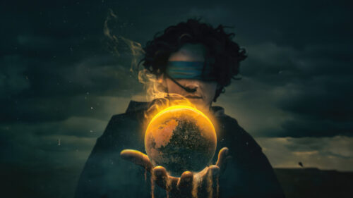 Surreal Blindfolded Figure Holding a Burning Globe Desktop Wallpaper