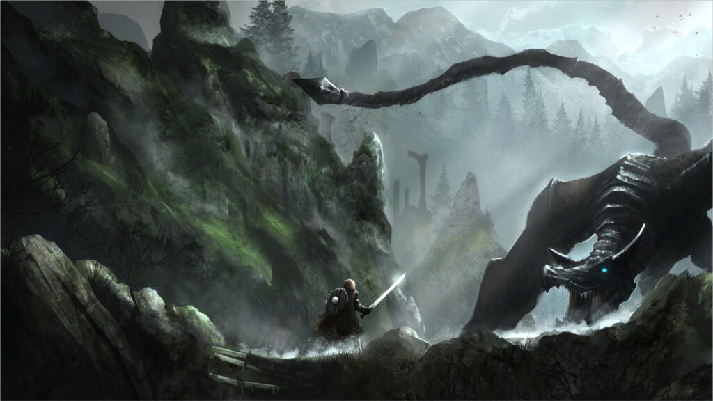 Warrior Facing a Dark Dragon Fantasy Desktop Wallpaper