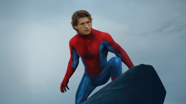Tom Holland as Spider-Man Crouching on a Surface Desktop Wallpaper