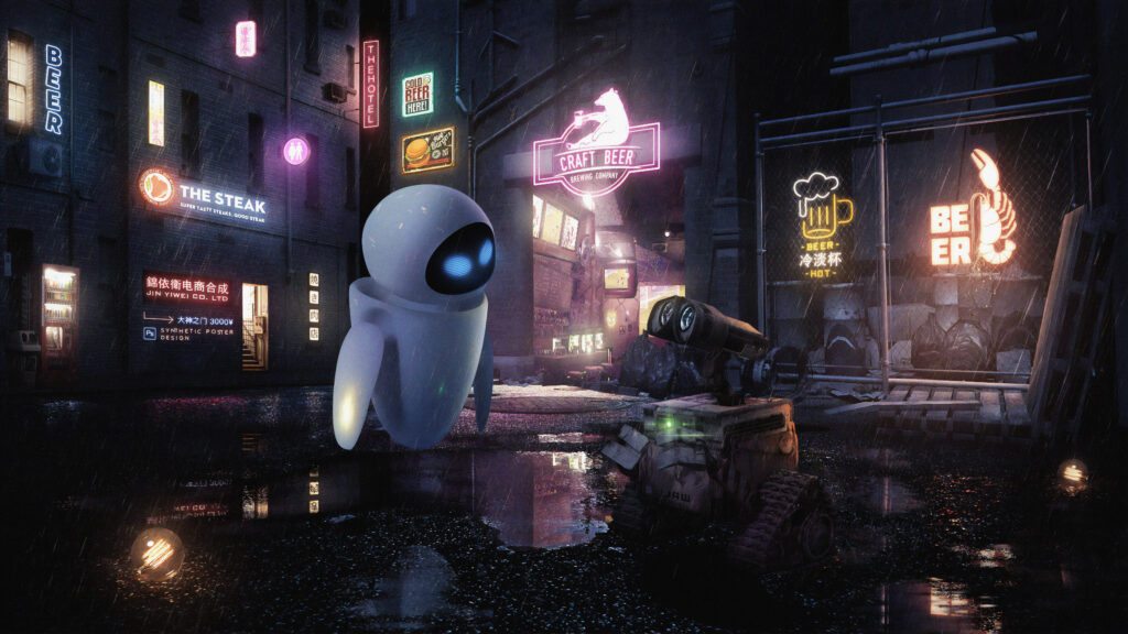 EVE and WALL-E in a Cyberpunk Rainy Alleyway Desktop Wallpaper