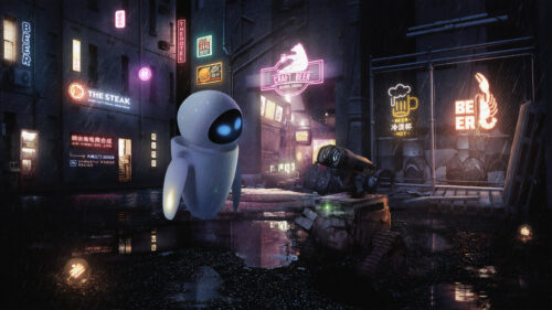 EVE and WALL-E in a Cyberpunk Rainy Alleyway Desktop Wallpaper