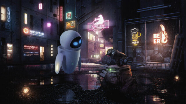 EVE and WALL-E in a Cyberpunk Rainy Alleyway Desktop Wallpaper