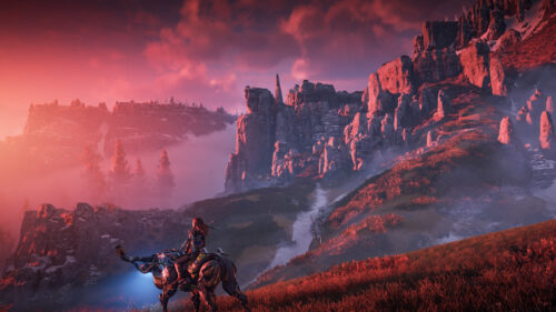 Aloy Riding Machine in Vibrant Sunset Landscape Desktop Wallpaper