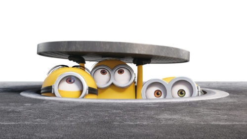 Minions Peeking from a Manhole Cover Desktop Wallpaper