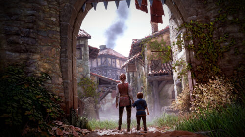 Amicia and Hugo in Medieval Village 4K Desktop Wallpaper
