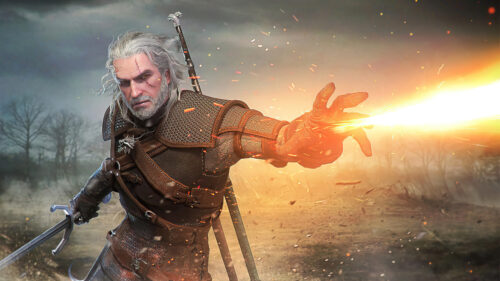 Geralt of Rivia Casting Igni Sign Cinematic Desktop Wallpaper