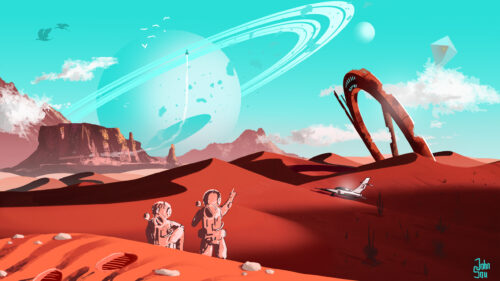 Two Astronauts on a Red Desert Planet 4K Desktop Wallpaper