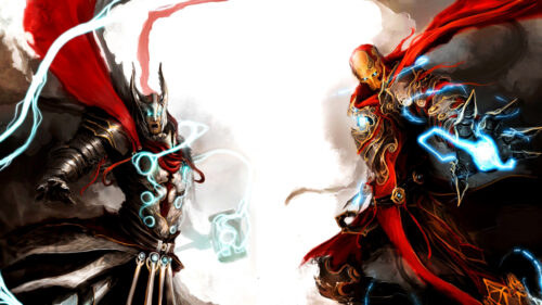 Fantasy Battle Between Thor and Iron Man Stylized Desktop Wallpaper