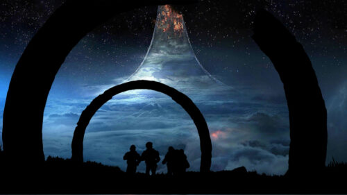 Silhouetted Figures Beneath a Cosmic Halo Ring Desktop Wallpaper