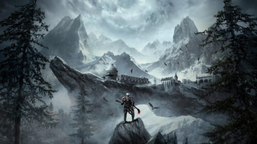 Dark Fantasy Warrior Snowy Mountain Fortress 4K Wallpaper