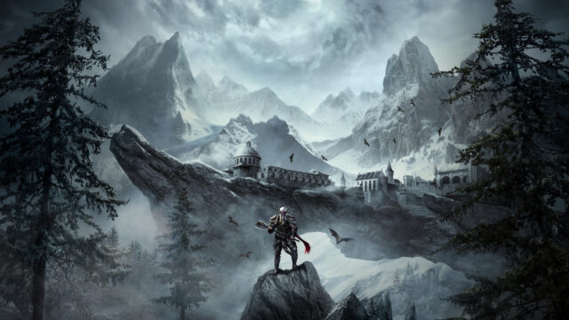 Dark Fantasy Warrior Snowy Mountain Fortress 4K Wallpaper