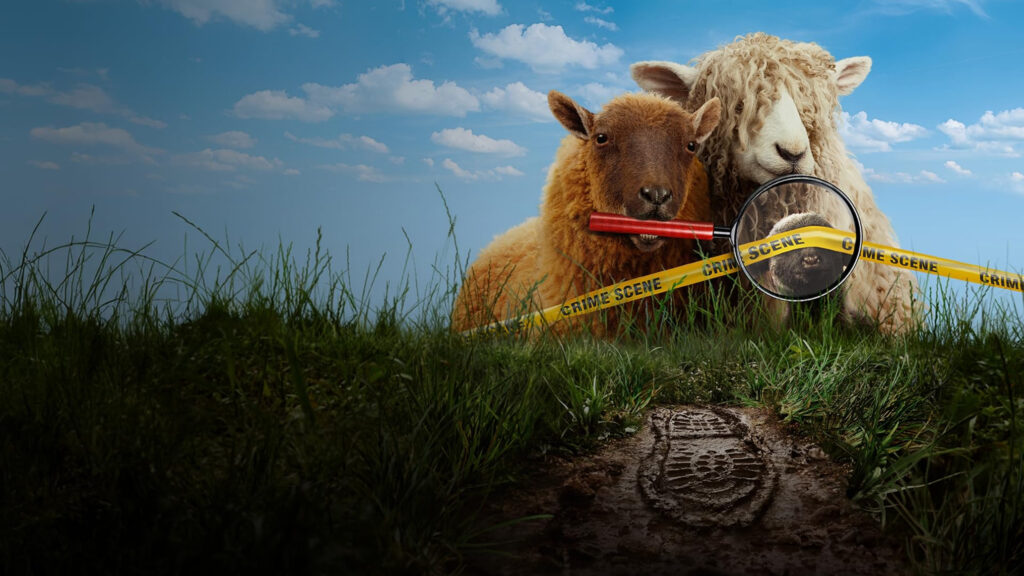 Humorous Sheep Detective Investigation Scene Desktop Wallpaper