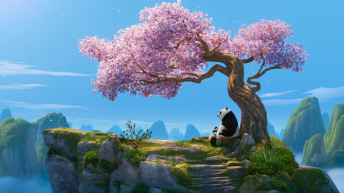 Panda Resting Under a Flowering Tree Desktop Wallpaper