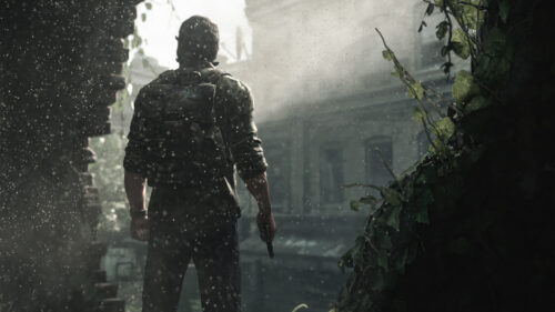 Lone Survivor Standing Amidst Ruined Architecture Desktop Wallpaper