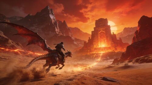 Warrior Riding Dragon Towards Ancient Fiery Temple Desktop Wallpaper