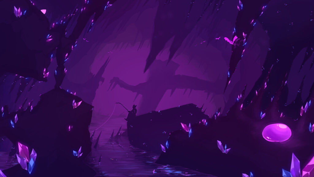 Atmospheric Purple Crystal Cave Landscape Desktop Wallpaper