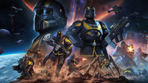 Helldivers 2 Sci-Fi Action Squad Battles Desktop Wallpaper