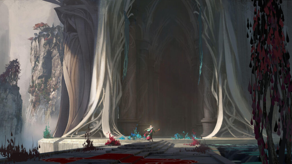 Fantasy Elf Mage Standing Before Ancient Temple Desktop Wallpaper
