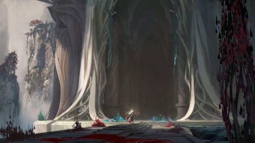 Fantasy Elf Mage Standing Before Ancient Temple Desktop Wallpaper