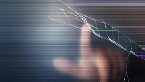 Digital Glitch Effect with Finger Touching Cracked Screen Desktop Wallpaper