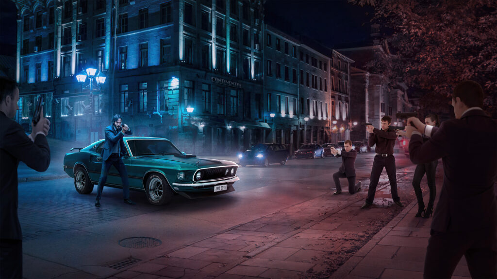 John Wick Standing by his Mustang in a Neon Street Desktop Wallpaper