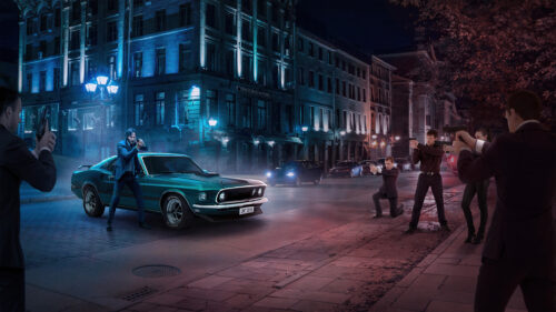 John Wick Standing by his Mustang in a Neon Street Desktop Wallpaper