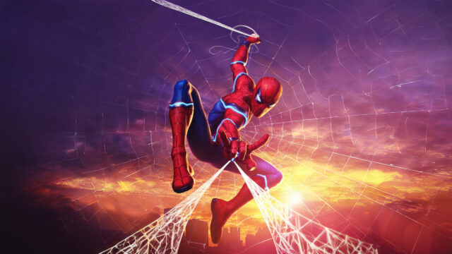 Spider-Man Swinging Through Sunset Urban Web Desktop Wallpaper