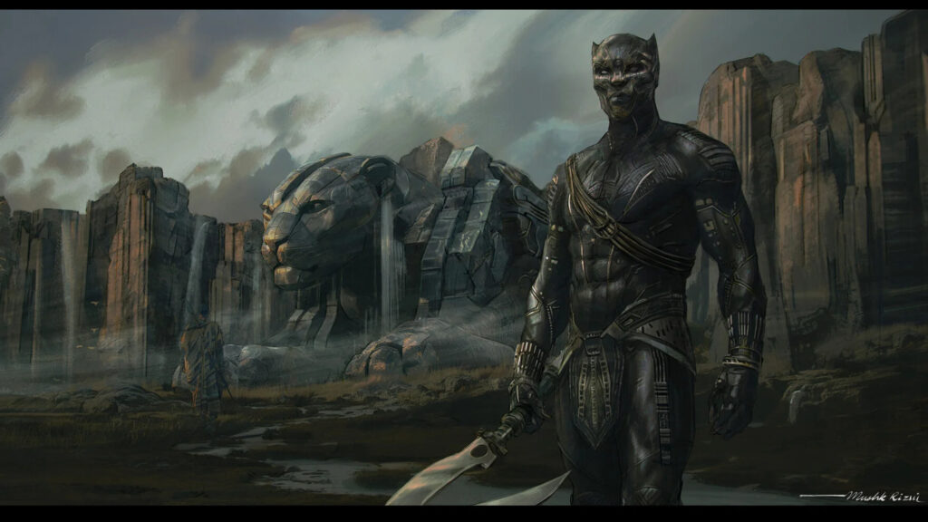 Black Panther and Giant Statue in Wakanda Desktop Wallpaper