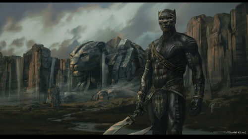 Black Panther and Giant Statue in Wakanda Desktop Wallpaper