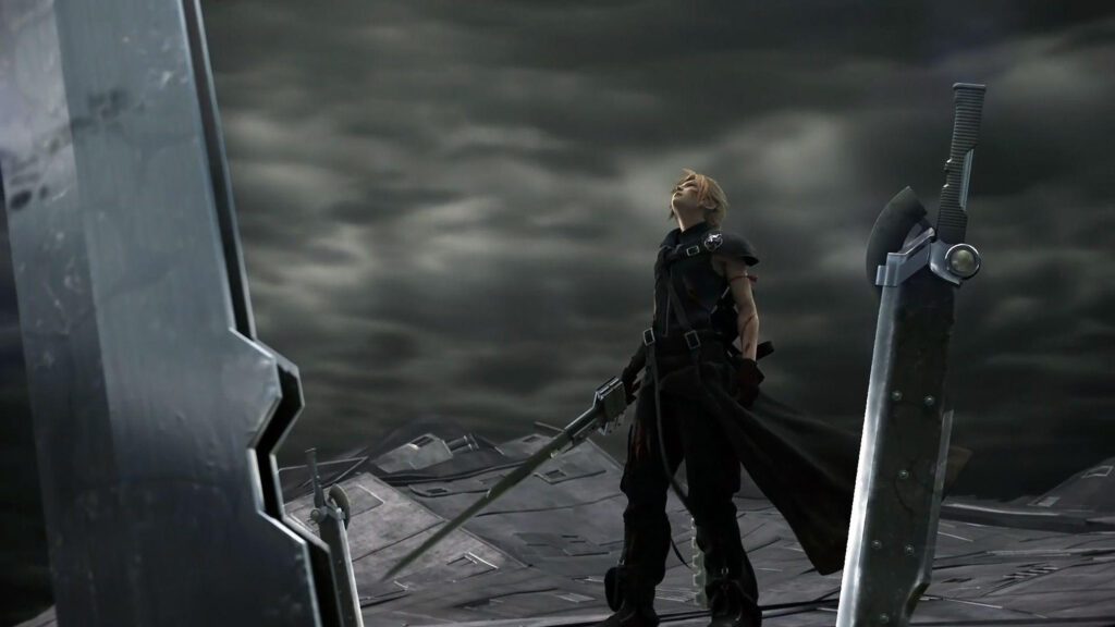 Cloud Strife Standing Among Swords Desktop Wallpaper