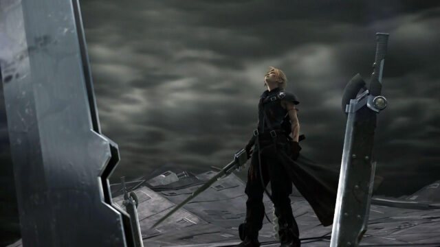 Cloud Strife Standing Among Swords Desktop Wallpaper