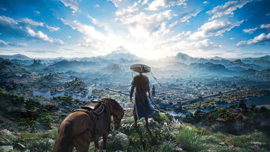 Wuxia Wanderer Overlooking Ancient City 4K Wallpaper