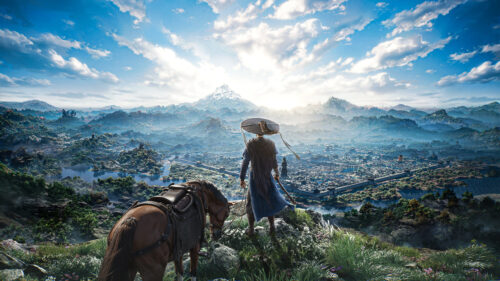 Wuxia Wanderer Overlooking Ancient City 4K Wallpaper