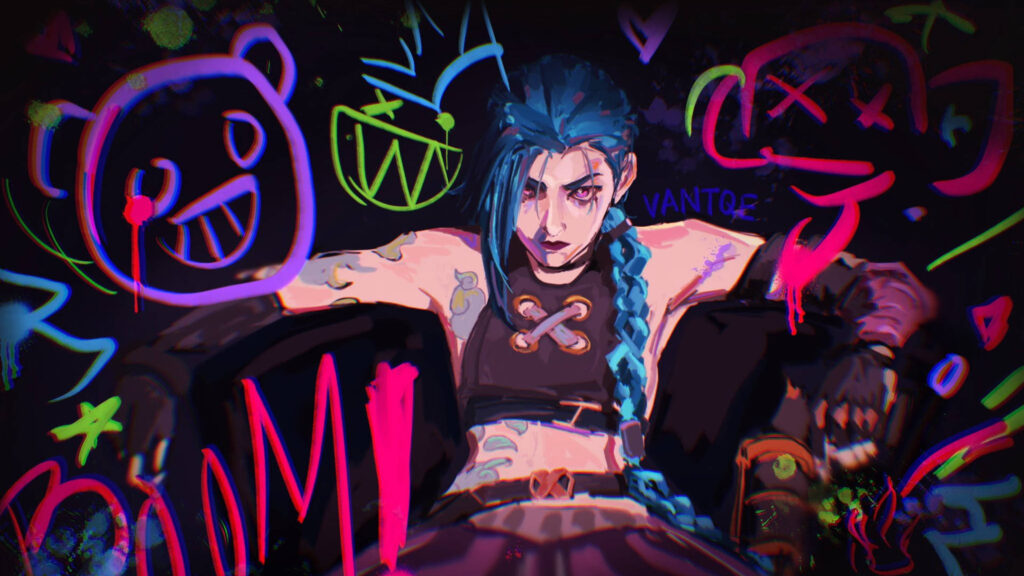 Jinx from Arcane LoL Neon Graffiti Style Desktop Wallpaper