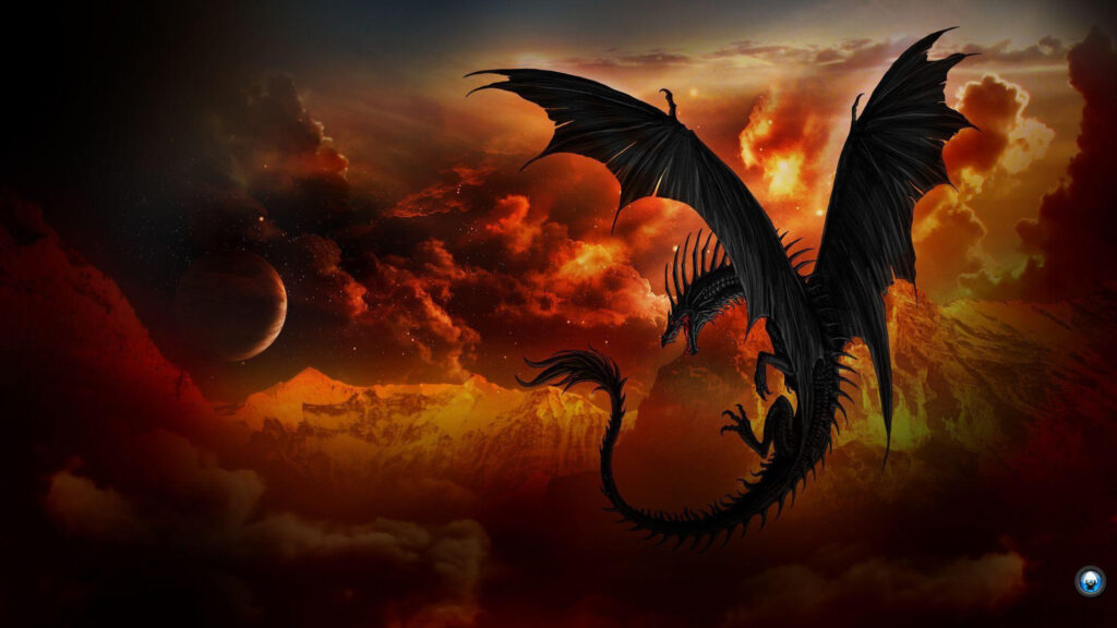 Dark Dragon Flying Over Fiery Landscape 4K Wallpaper
