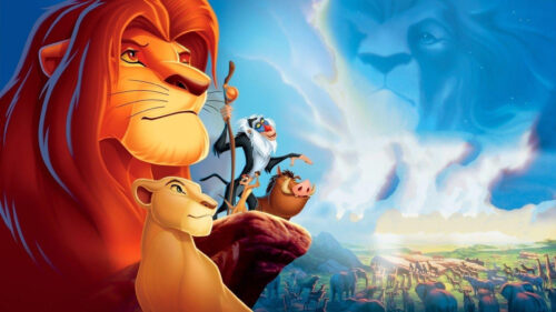 Iconic Lion King Cast and Mufasa Cloud Desktop Wallpaper