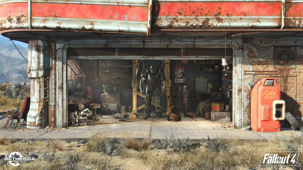 Fallout 4 Power Armor and Dogmeat Garage 4K Wallpaper