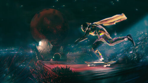 Low Poly Skateboarder Under a Dark Red Moon Desktop Wallpaper
