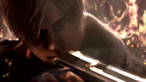 Leon S. Kennedy Aiming Gun in Fire Desktop Wallpaper