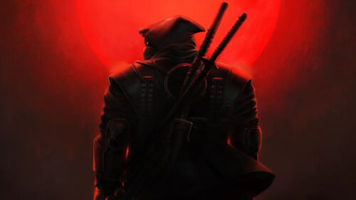 Dark Hooded Warrior Red Moon Desktop Wallpaper