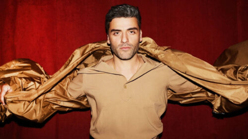Oscar Isaac Tan Shirt Jacket Red Background Desktop Wallpaper