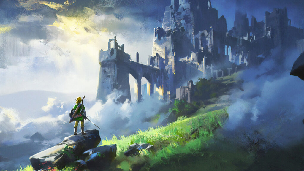 Hero Gazing at Ancient Castle Ruins Desktop Wallpaper
