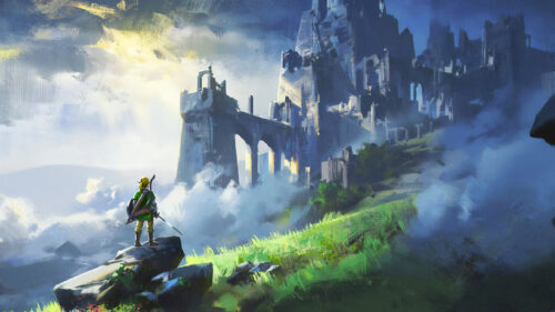 Hero Gazing at Ancient Castle Ruins Desktop Wallpaper