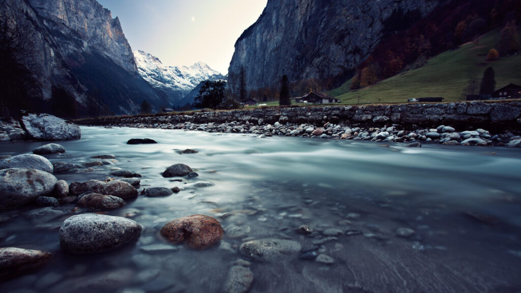Serene Lauterbrunnen Valley River Flow Desktop Wallpaper