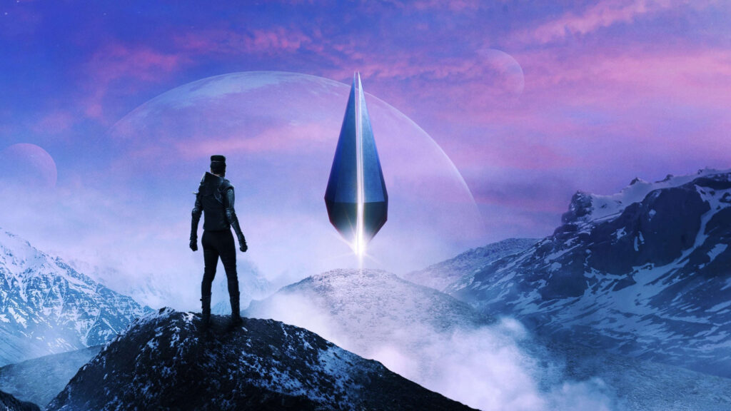 Sci-Fi Explorer Standing Before Mysterious Alien Monolith Desktop Wallpaper