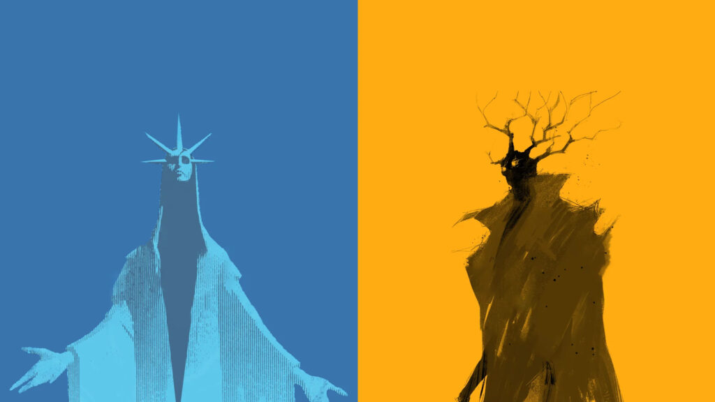 Blue and Orange Stylized Mythical Figures Desktop Wallpaper