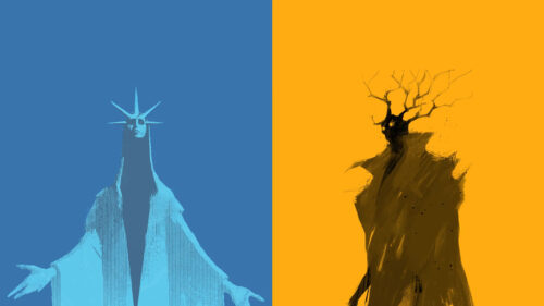 Blue and Orange Stylized Mythical Figures Desktop Wallpaper
