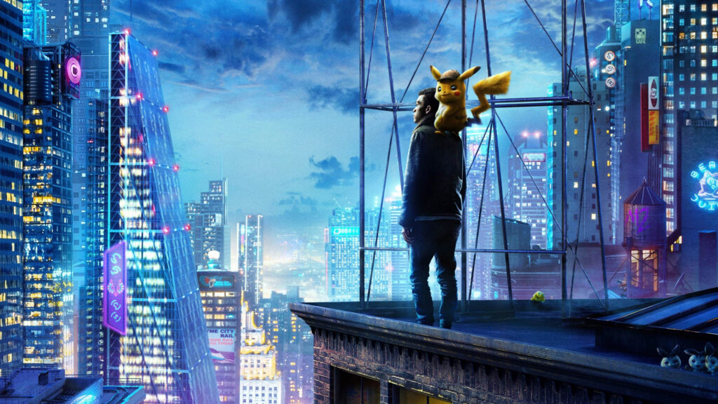 Detective Pikachu City Skyline Rooftop Desktop Wallpaper